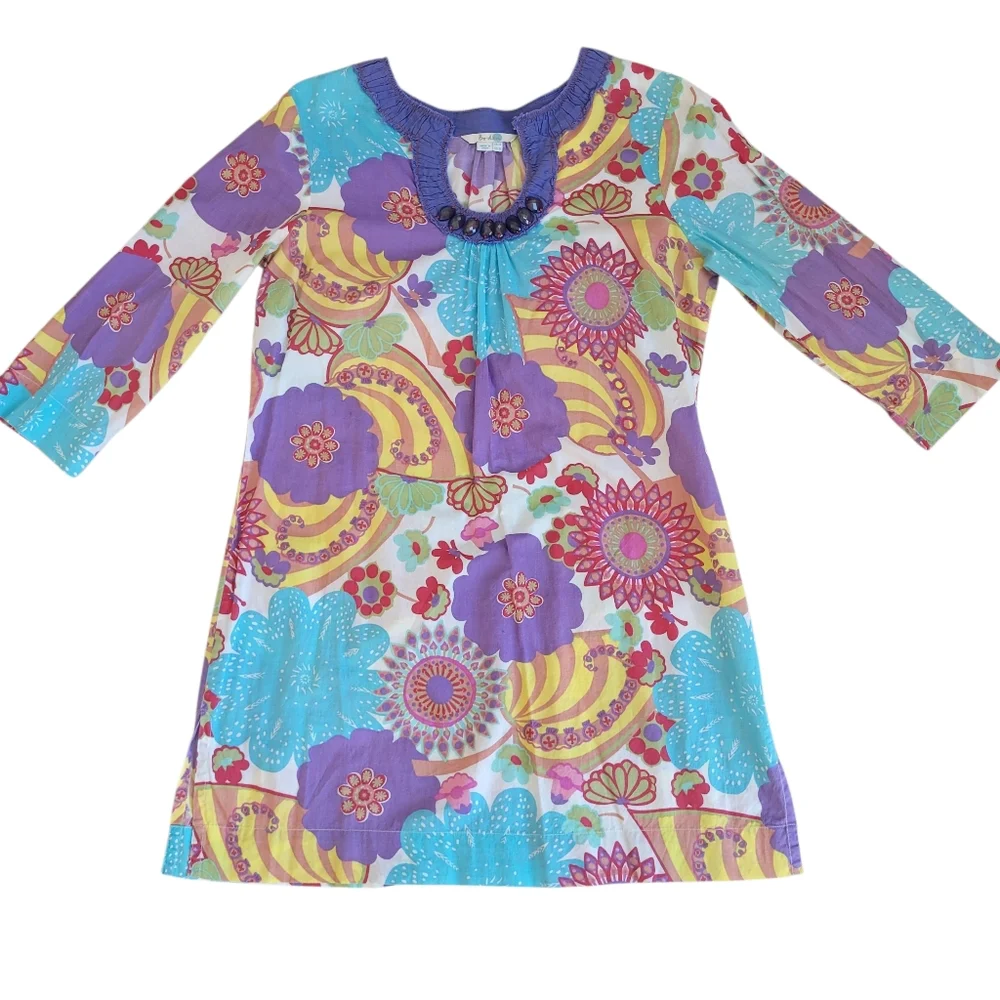 Boden Floral Vibrant Colors 100% Cotton Tunic Dress Embellished Women's US 10 - Picture 7 of 13